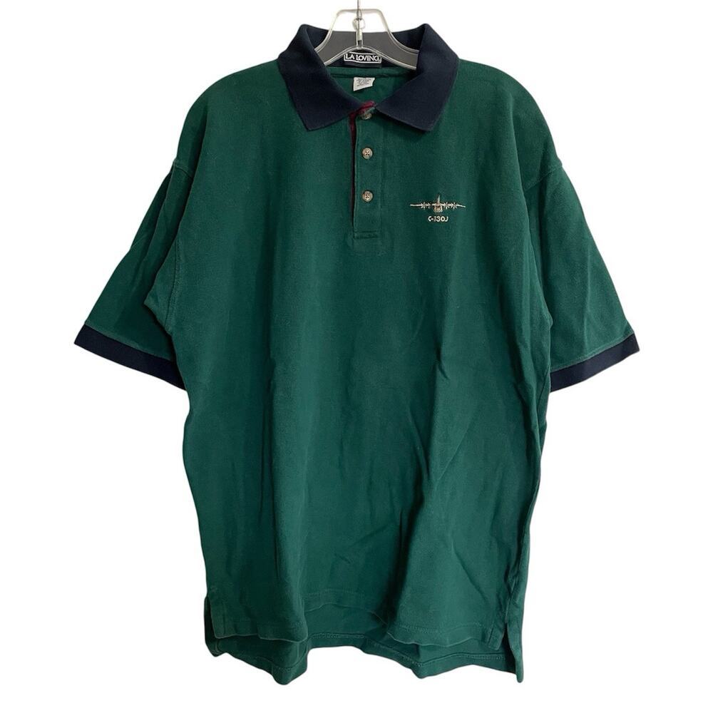 LA LOVING Polo Shirt Men XL Green Blue Contrast Collar Embroidered Airplane
